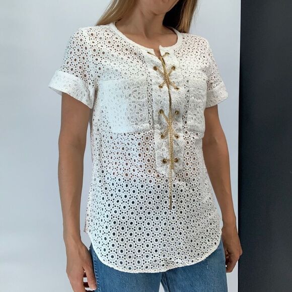 MICHAEL KORS white eyelet cotton top blouse sz s - Picture 3 of 7